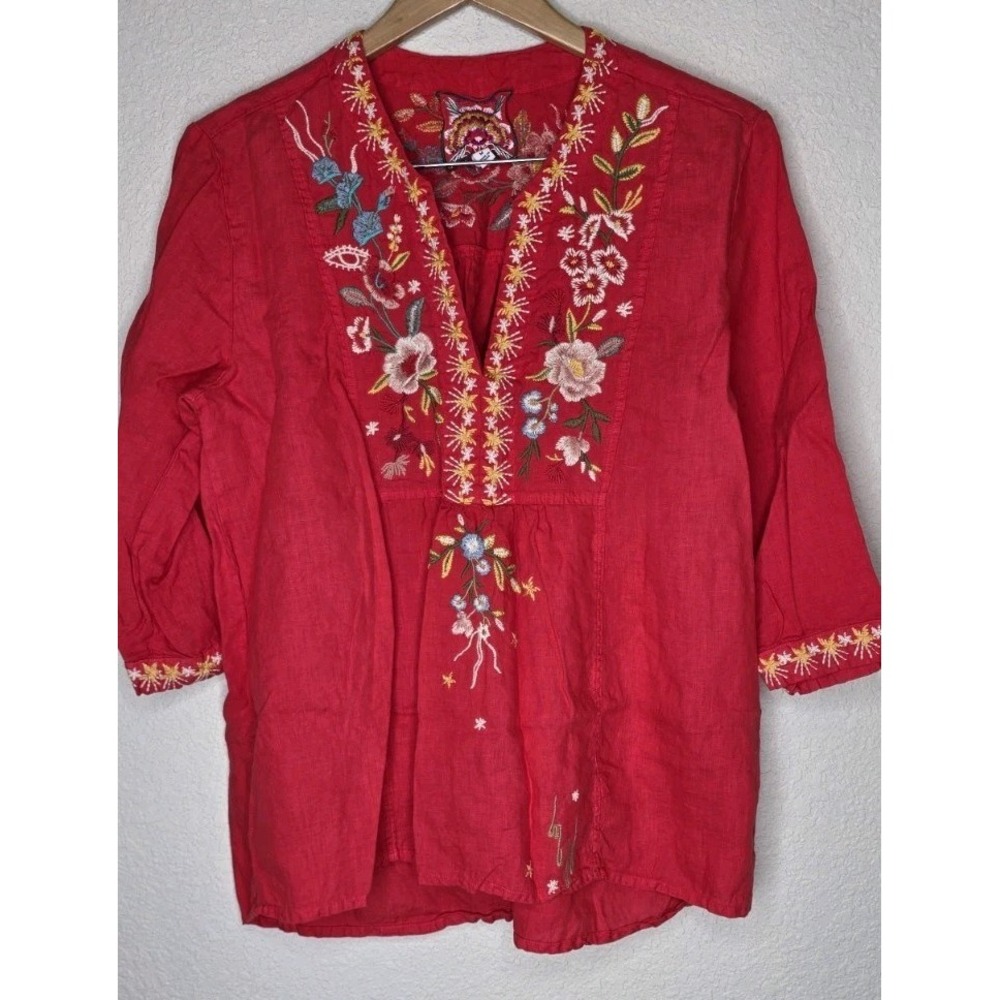 Johnny Was Floral Embroidered 3/4 Sleeve Tunic Shirt Red Woman M Boho Cottage